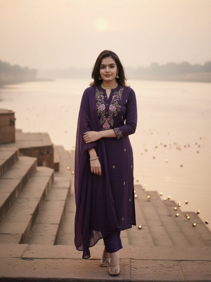 Women's Wine Embroidered Kurta With Pant And Duppata Set