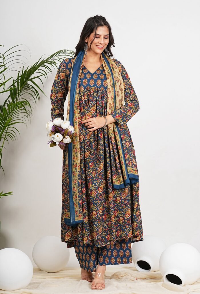 Women's Aqua Cotton Kalamkari Print Anarkali Set