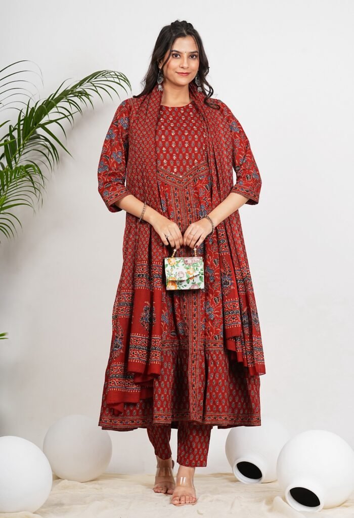 Women's Maroon Cotton Floral Print With Ruffled Anarkali Set