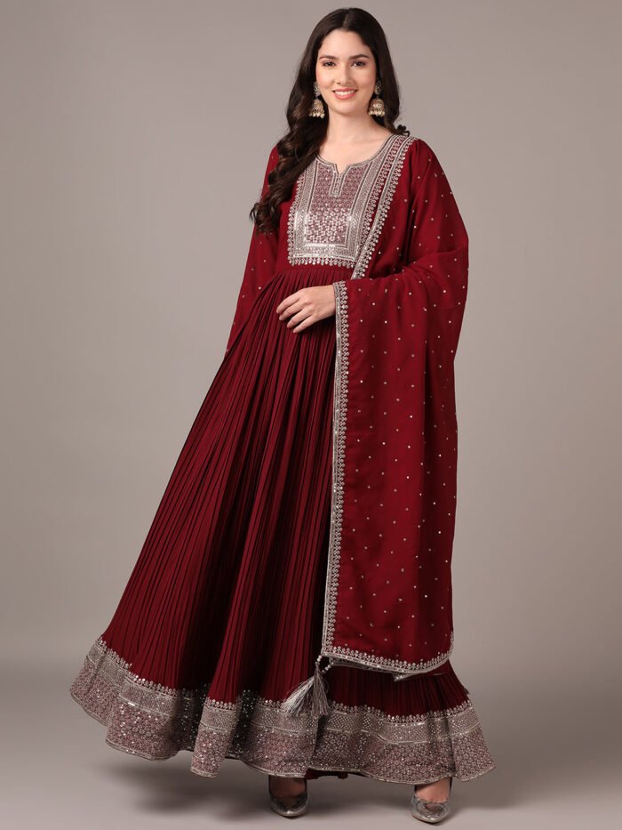 Women's Magenta Georgette Solid Yoke Design Sequinned Anarkali Kurta With Dupatta