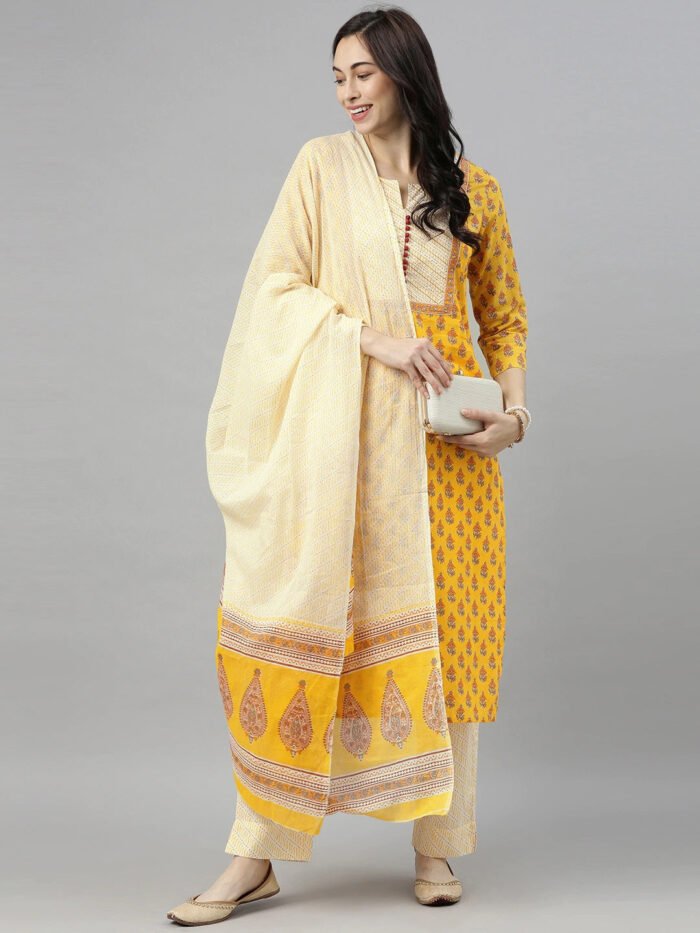 Women's Cotton Blend Printed Kurta Pant Dupatta Set