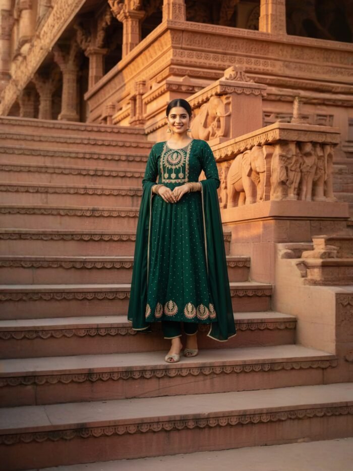 Women's Green Embroidered Kurta With Pant And Duppata Set