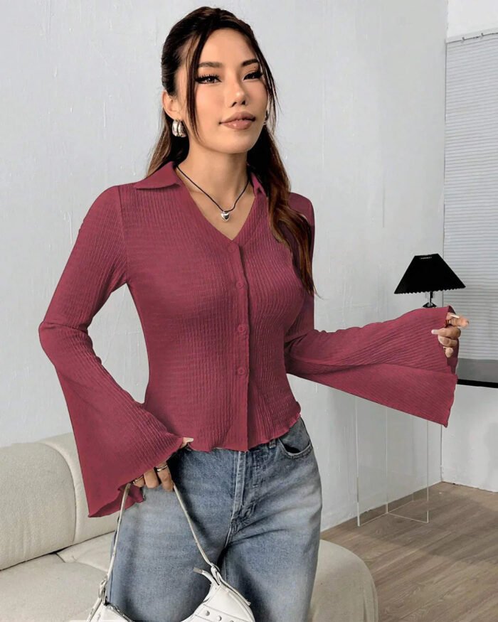 V Neck Button Front Knit Flared Sleeve Top in Maroon