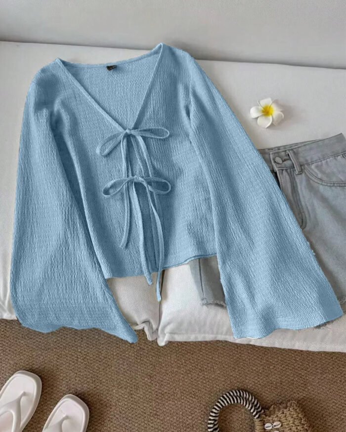 V Neck Front Bow Tie Flared Sleeve Top in Blue