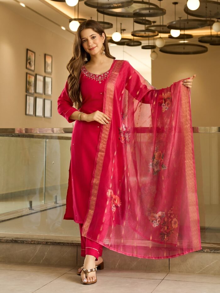 Women's Maroon Viscose Embroidered Kurta Set