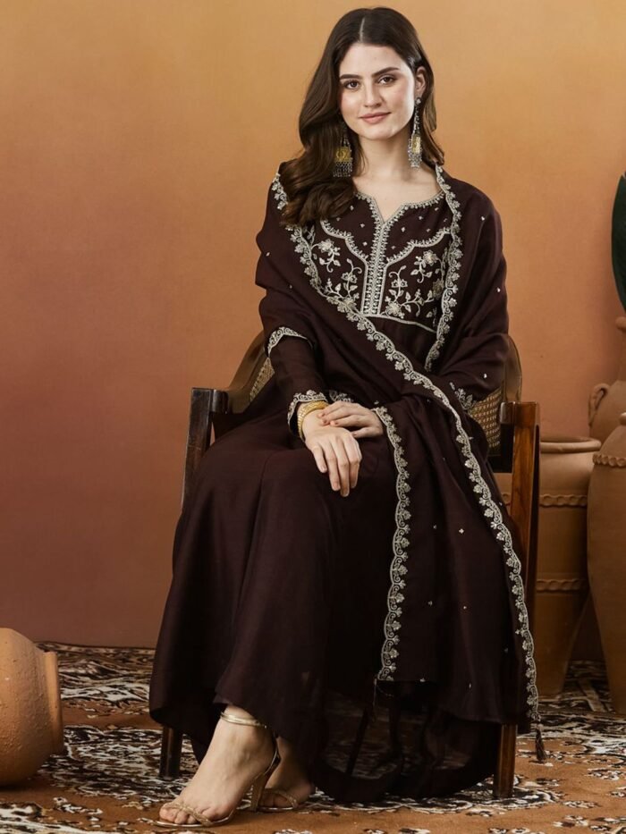 Women's Brown Embroidered Kurta With Pant And Duppata Set