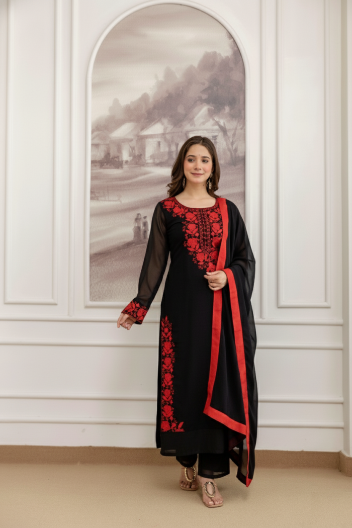 Women's Black Embroidered Kurta With Pant And Duppata Set