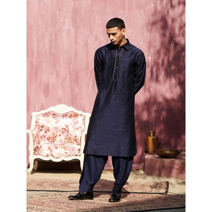Hello Hi Handcrafted Dark Blue Silk Pathani Kurta (Set of 2)