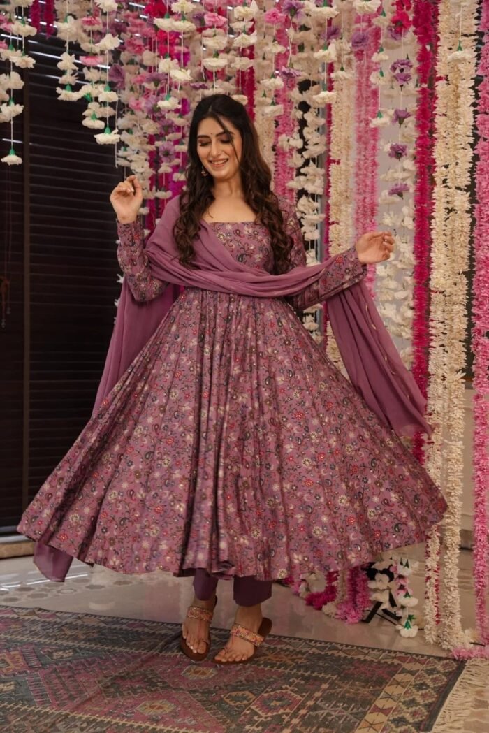 Women's Mauve Rayon Foil Print Anarkali Set