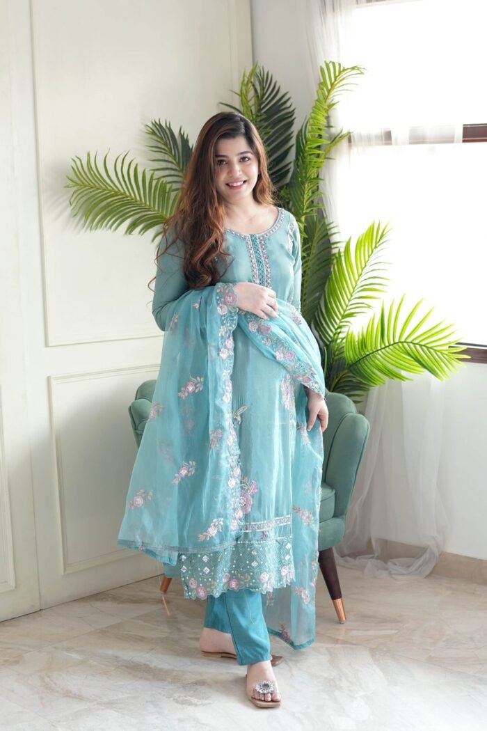 Women's Teal Embroidery Kurta With Pant And Duppata Set