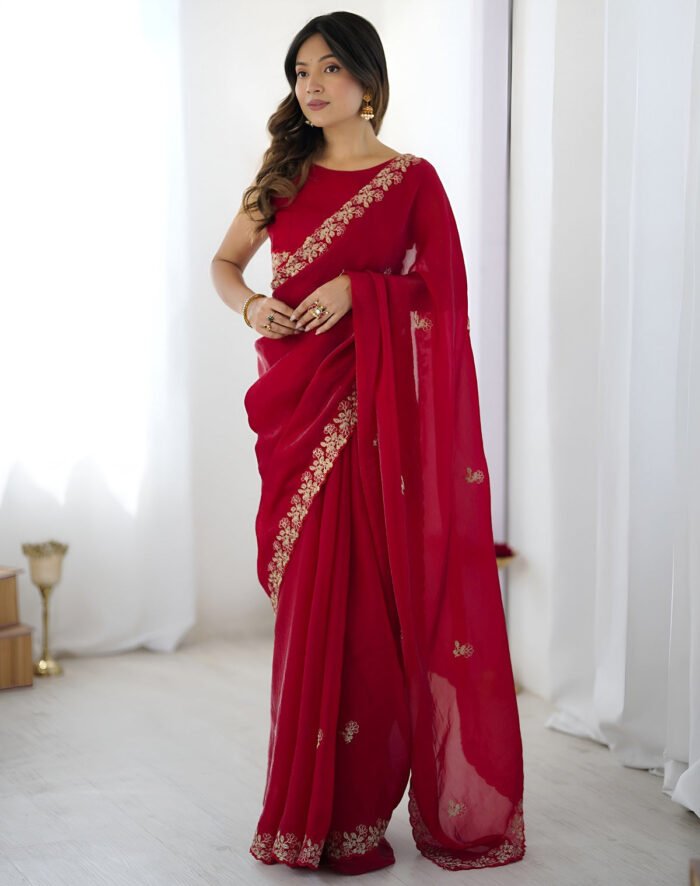 Women's Red Fendi Satin Silk Sequence Thread Coding Embroidery Work Saree
