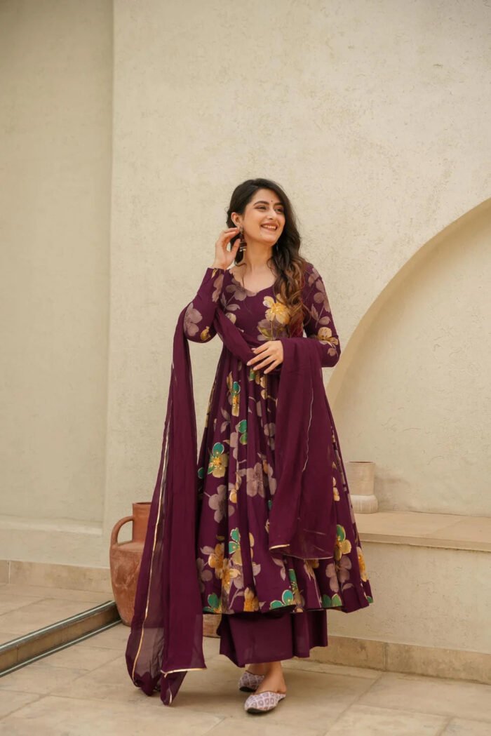 Women's Wine Rayon Printed Anarkali Set