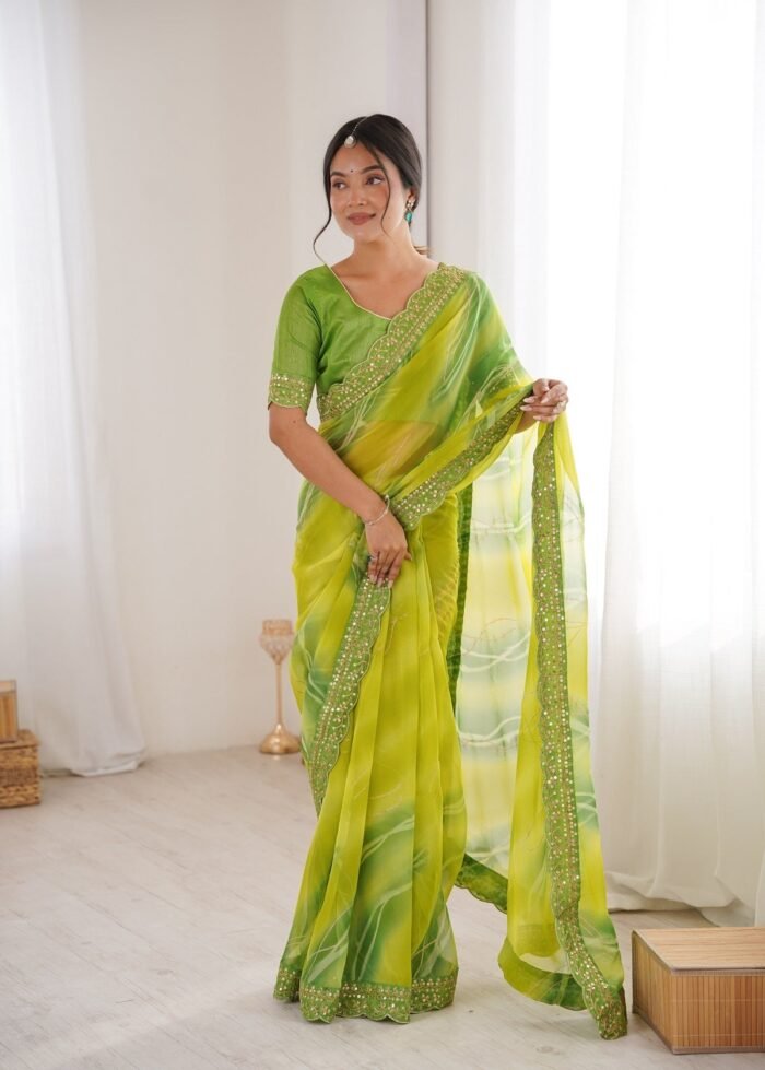 Women's Mehendi Georgette Chiffon Embroidery Work Saree