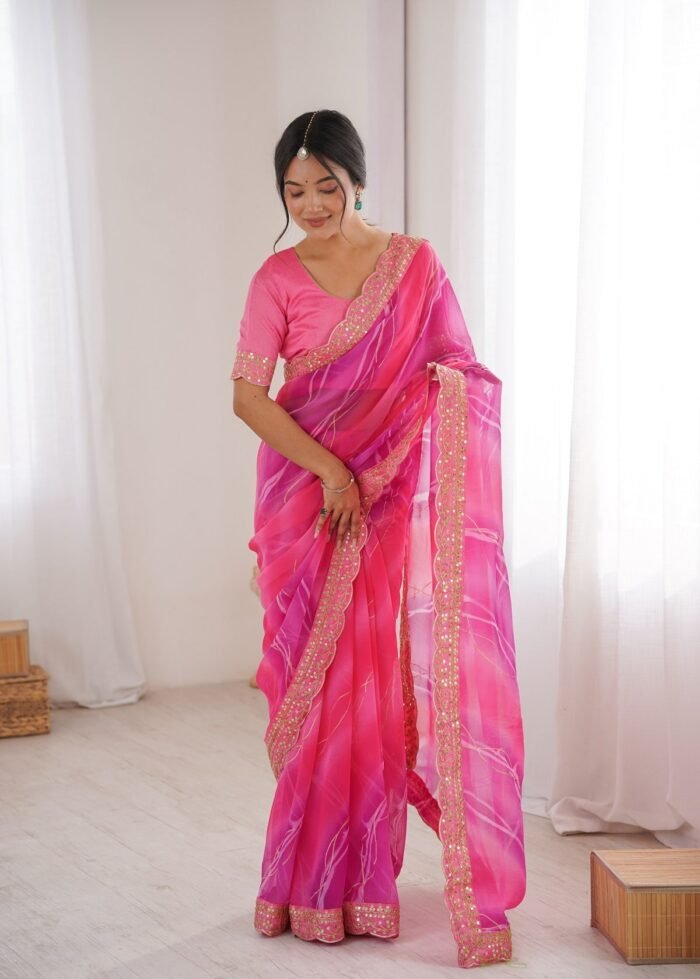Women's Pink Georgette Chiffon Embroidery Work Saree