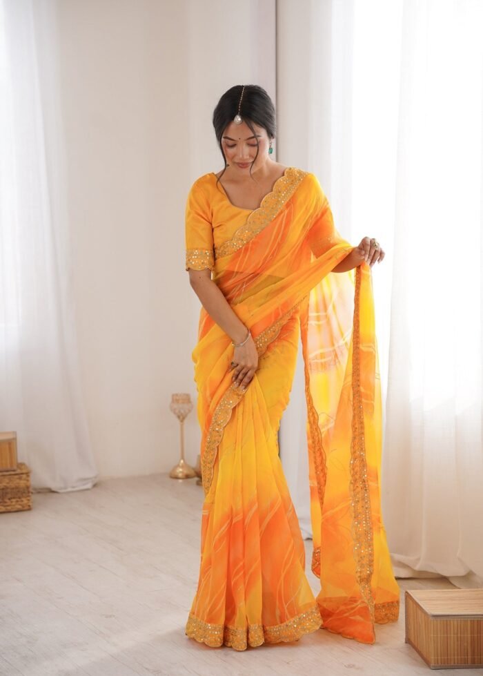 Women's Yellow Georgette Chiffon Embroidery Work Saree