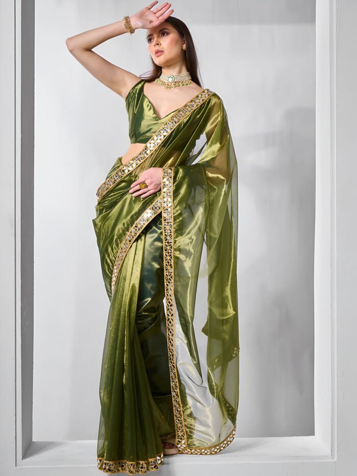 Women's Green Heavy Gold Twills Net With Real Mirror Work Lace Border Saree