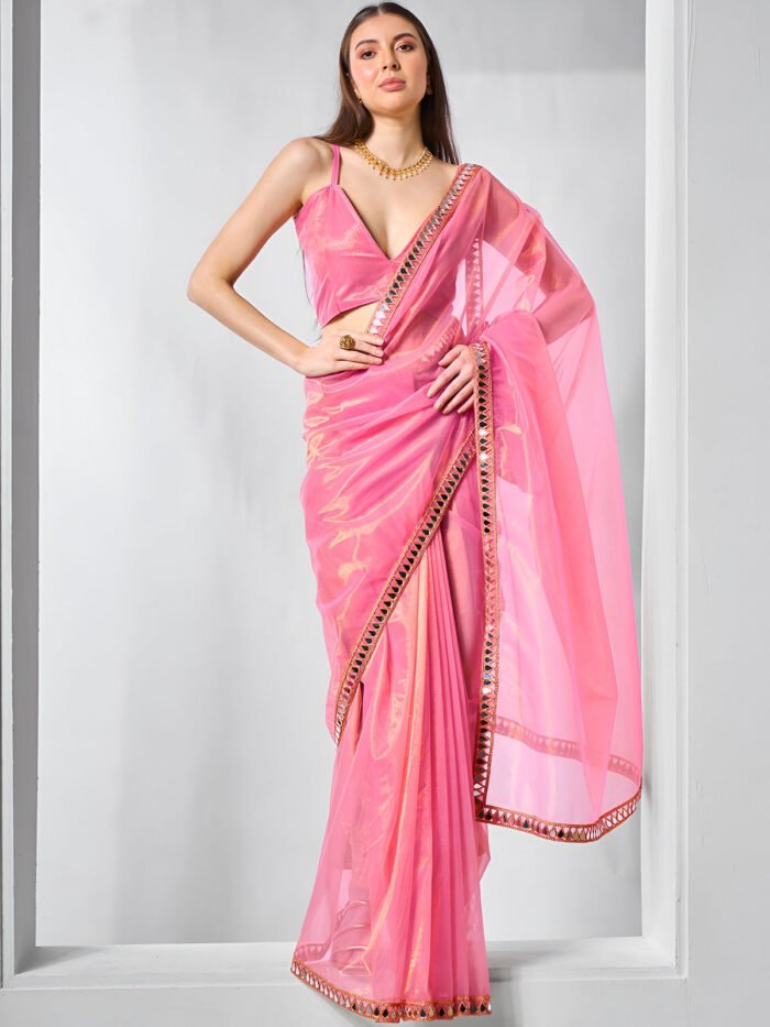 Women's Pink Heavy Gold Twills Net With Real Mirror Work Saree