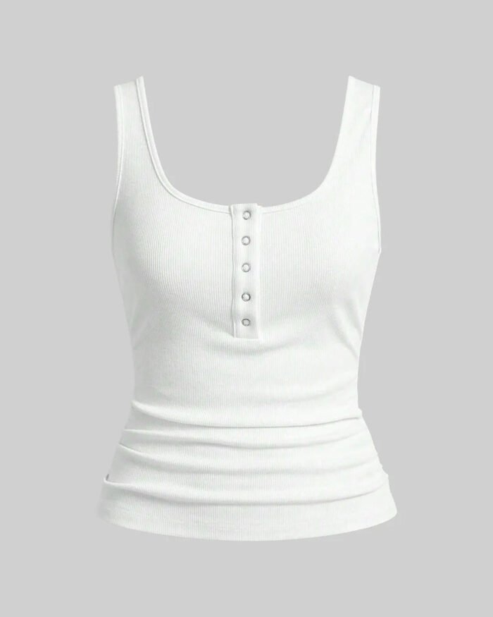 White Ribbed Scoop Neck Tank Top with Buttons
