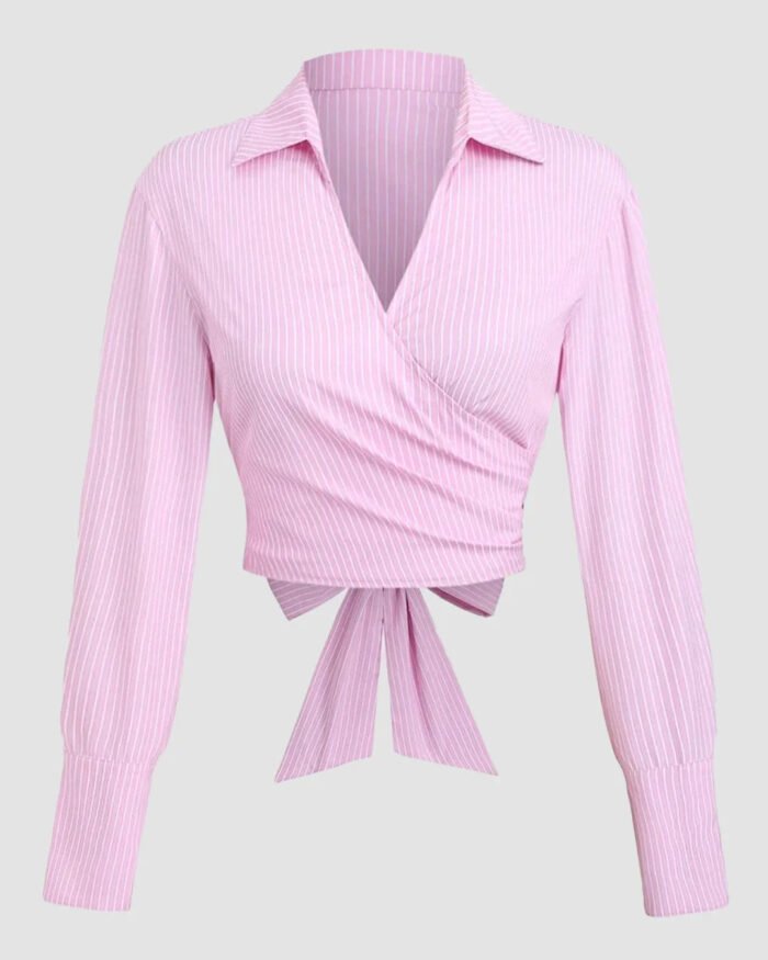 Wrap Tie Collared Long Sleeve Top