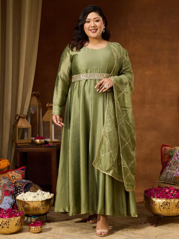 Women's Sage Silk Blend Solid Long Sleeves Gown