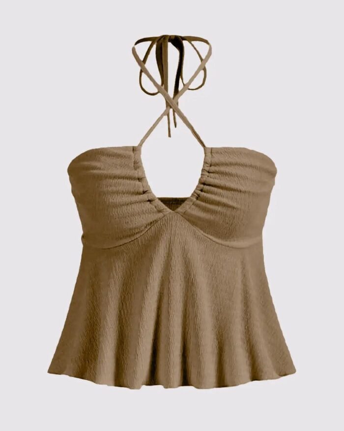 Y2K Halter Neck Tie Backless Top In Brown