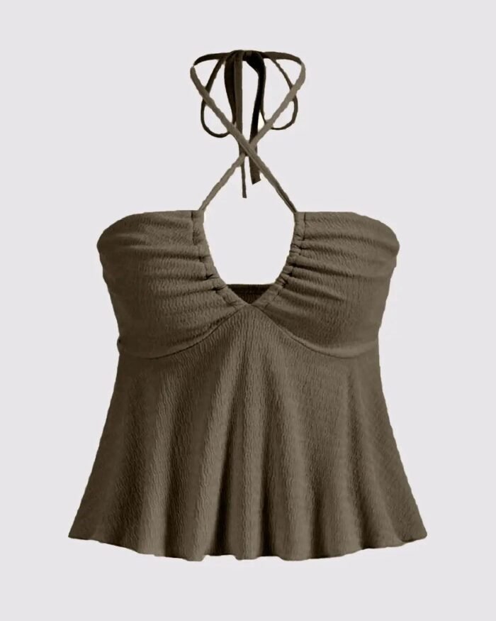 Y2K Halter Neck Tie Backless Top In Smoky Green