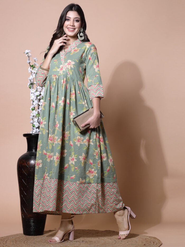 Women's Light Green Cotton Lurex Floral Print Gown