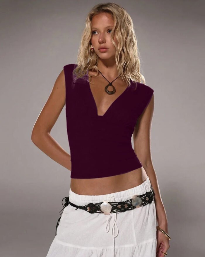 Deep V-Neck Ruched Sleeveless Crop Top in Maroon