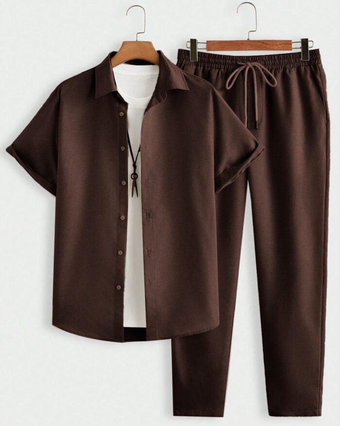 Men Vacation Solid Color Casual Shirt And Long Pants Set In Coco Brown