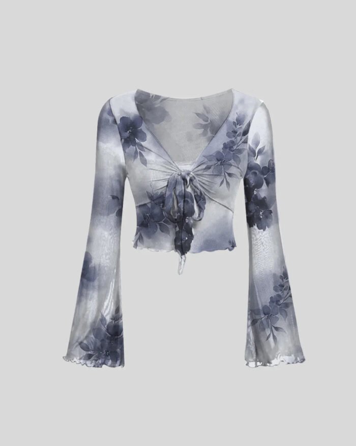 Floral Print Tie Front V-Neck Bell Sleeve Mesh Crop Top