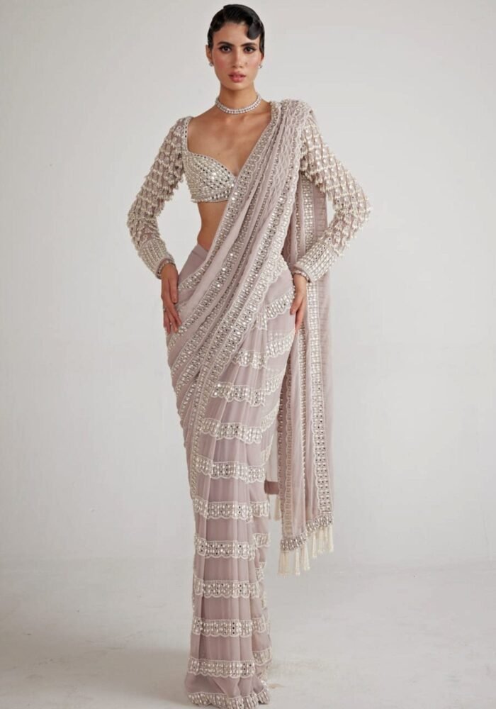 Ash Pink Chandelier Pearl Drop Pre Draped Saree
