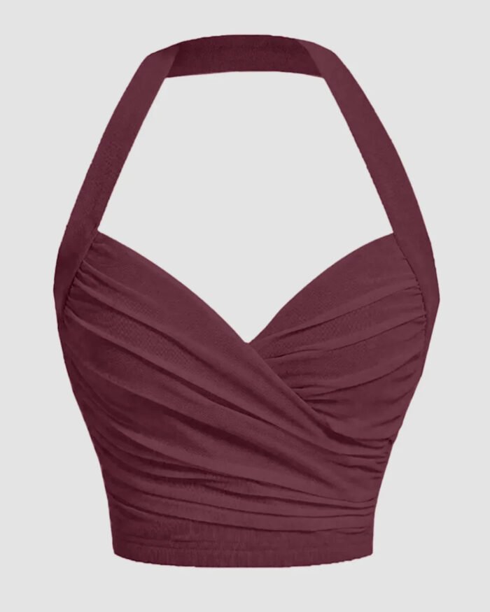 Ruched Wrap Front Halter Top in Maroon