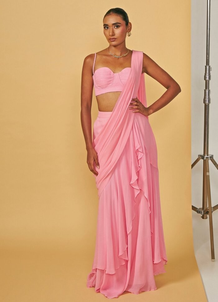 Pink Predraped Pure Georgette Ruffle Saree With Bustier