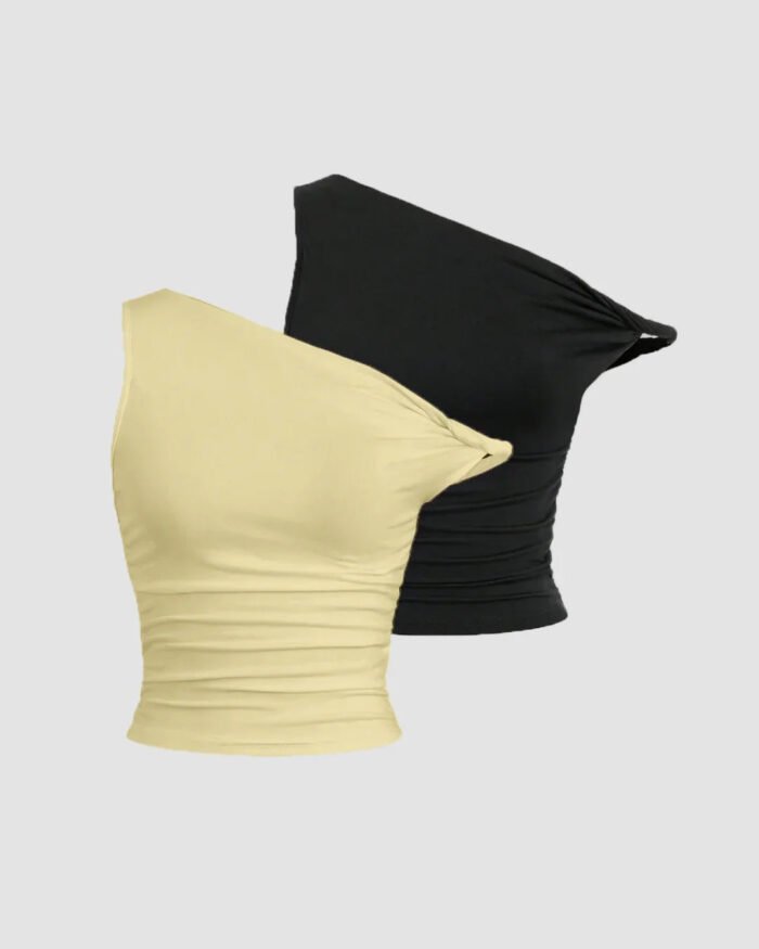 Combo of 2: One-Shoulder Ruched Crop Top in Black and  Vanilla