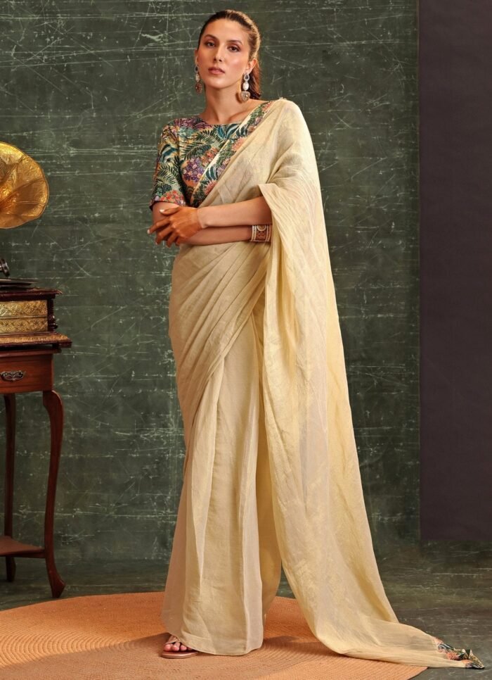 Beige Floral Printed Pre-Stitched Tissue Saree With Blouse