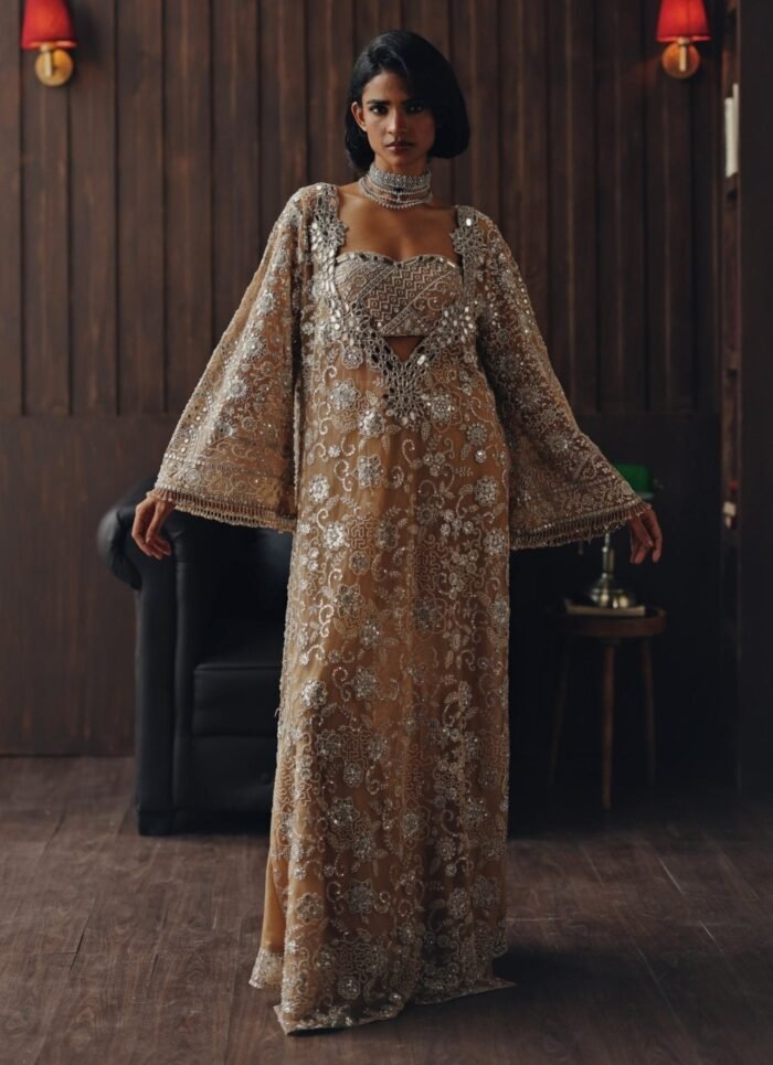 Beige Gold Embroidered Soft Net Kaftan With Bustier