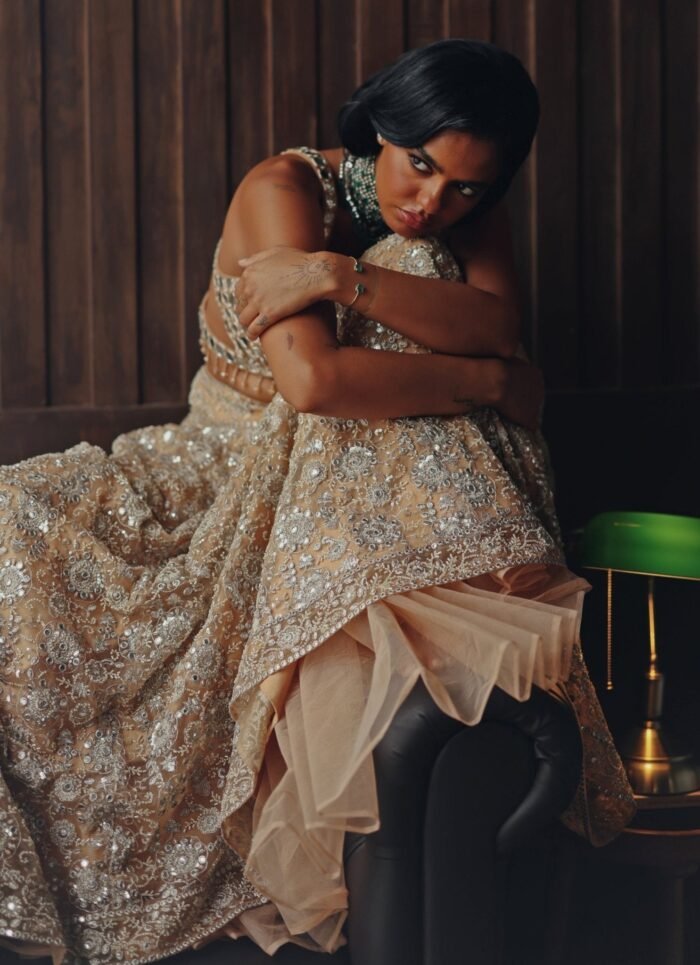 Beige Gold Soft Net Mirror Lehenga