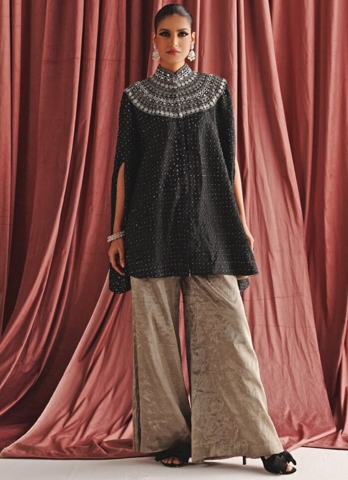 Black Bandhani Embroidered Cape Set With Palazzo