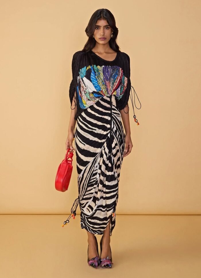 Black Bird Print Kaftan Dress