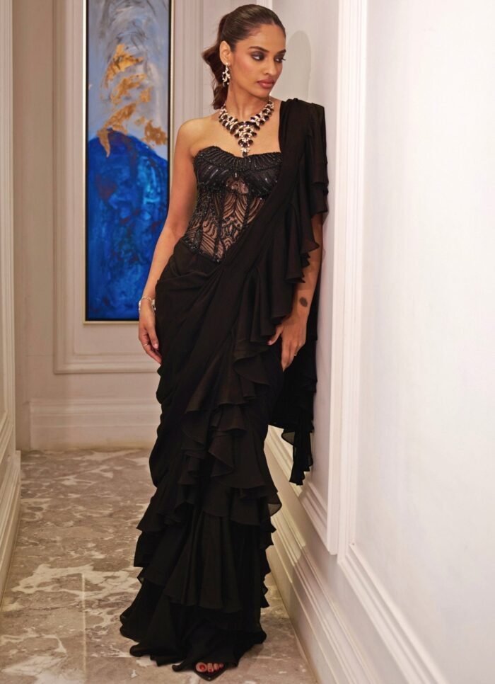 Black Chiffon Predraped Ruffle Saree With Corset
