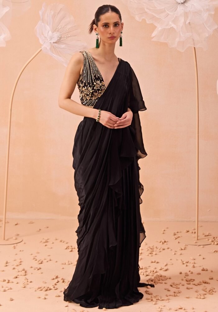 Black Embellished Ruffle Saree