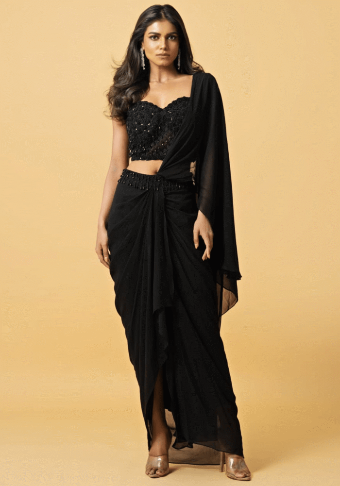 Black Embroidered Pre-Stitched Saree With Corset Blouse