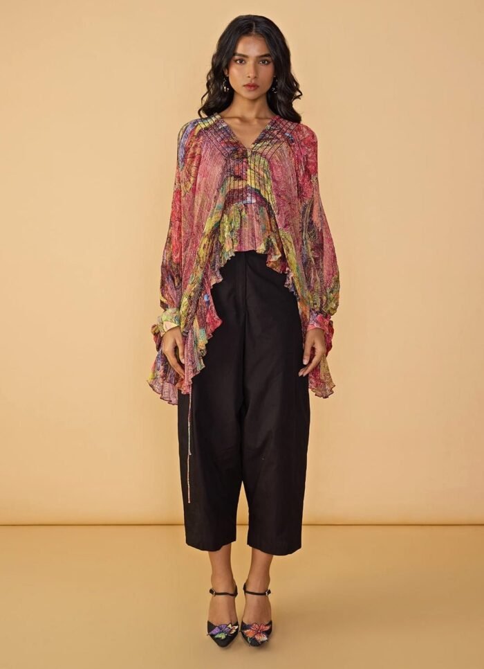 Black Floral Print Kaftan Blouse