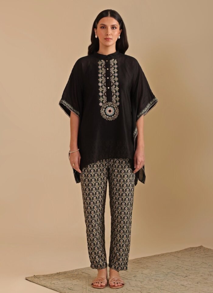 Black Floral Printed Embroidered Chanderi Kaftan With Pant