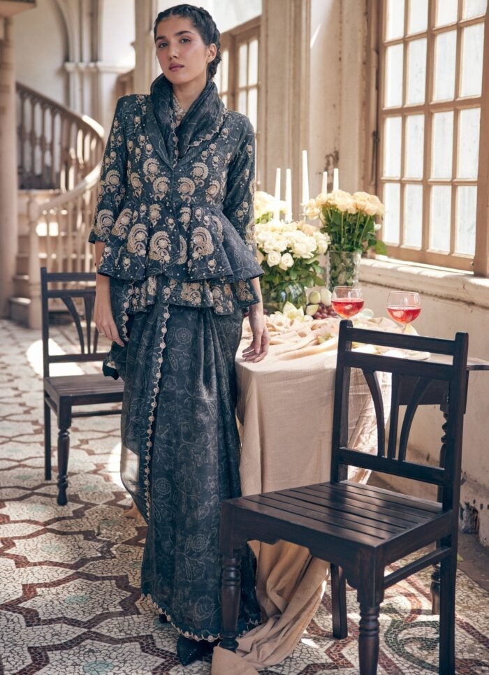 Black Organza Printed Saree With Peplum Jacket