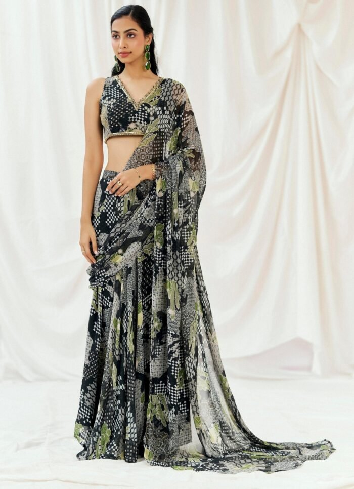 Black Printed Georgette Predraped Saree