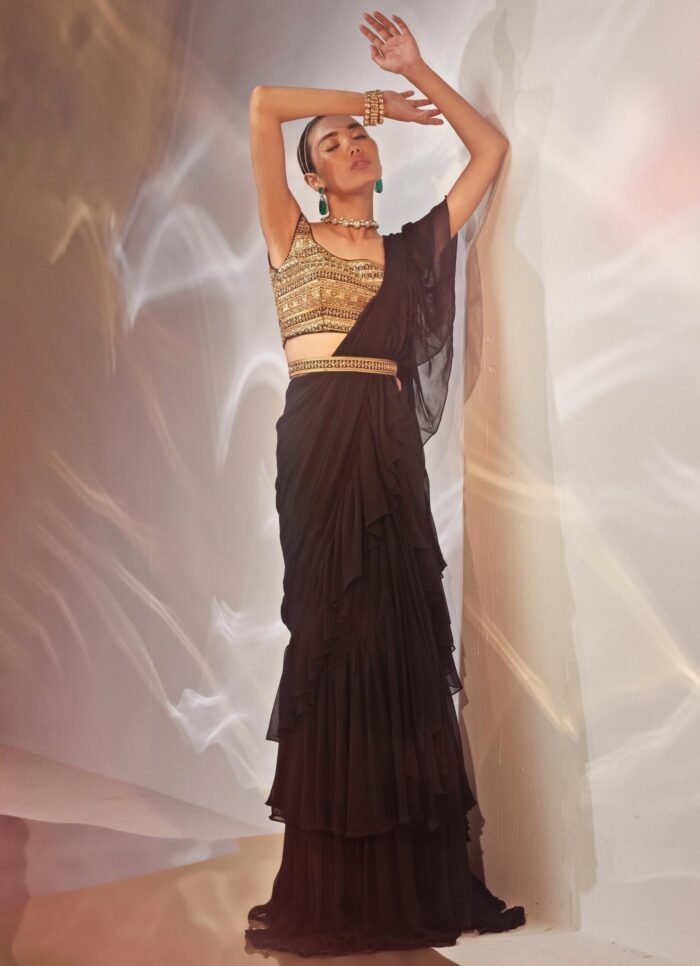 Black Ruffled Georgette Saree