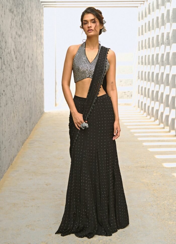 Black Sequin Embroidered Pre Stitched Georgette Saree
