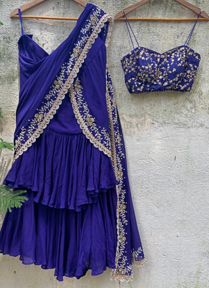 Blue Draped Ruffle Embroidered Saree