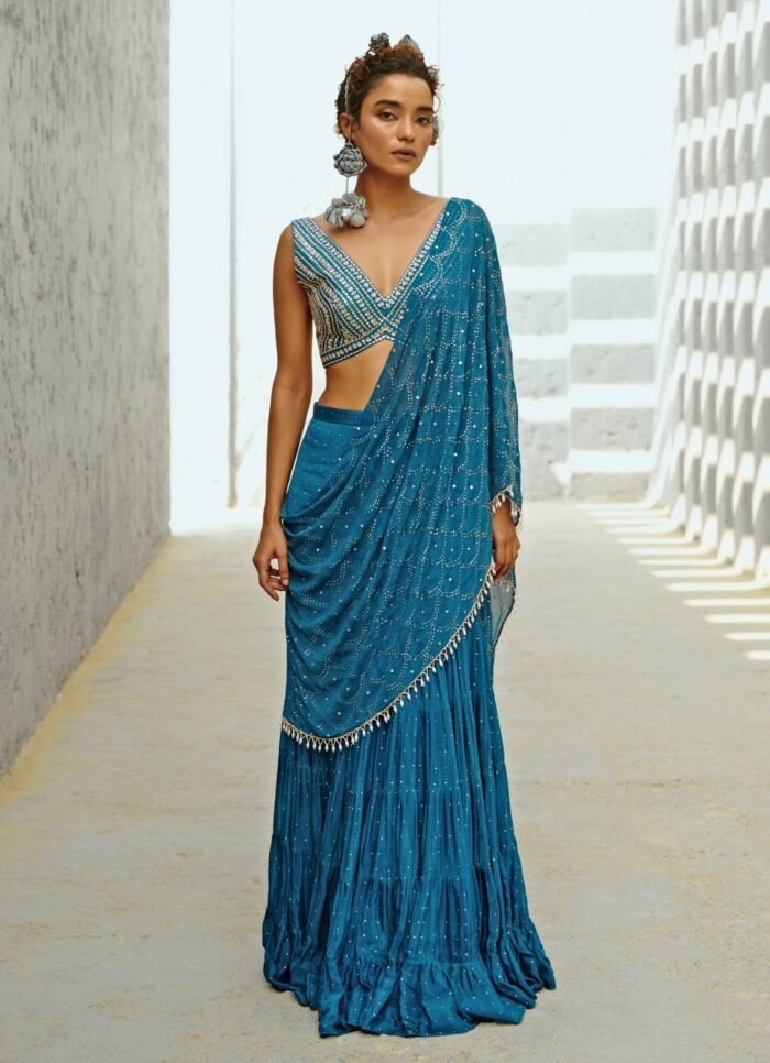 Blue Embroidered And Pre Stitched Georgette Frill Saree